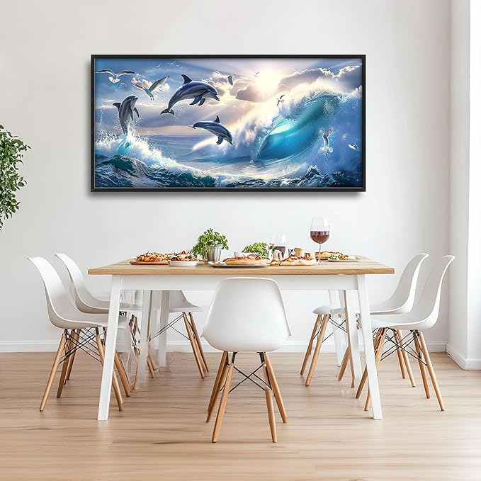 Dolphin Seagull Large Wall Art Sea Ocean Waves Sunrise Pictures Wall Decor Nautical Coastal Canvas Print Painting Artwork for Bathroom Living Room Bedroom 60L" x 30W"-PurrikoPets