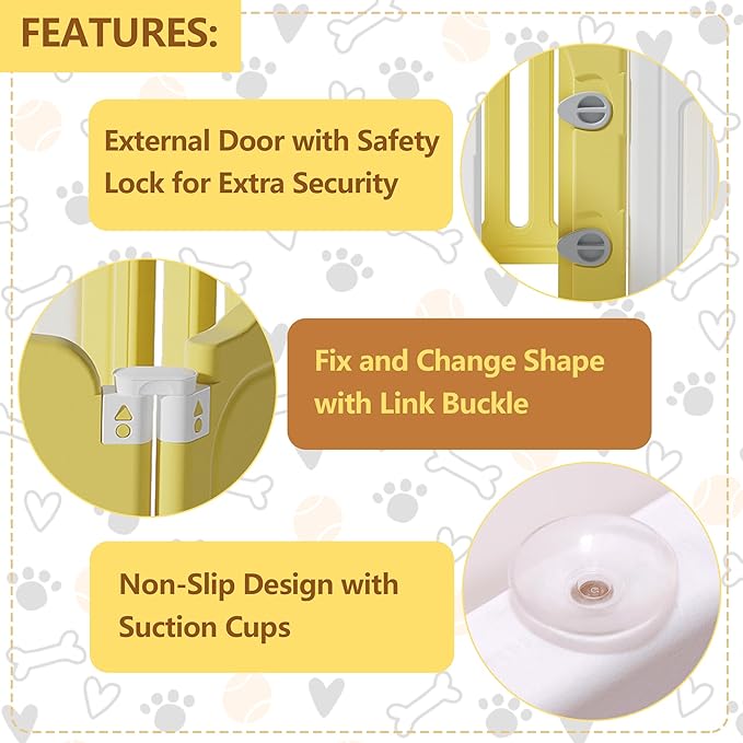 Foldable Dog Play Pen Indoors, Non-Slip Sturdy Puppy Playpen with Door, 25.5" H 10-Panel Adjustable Shape Dog Fence Pen for Small/Medium Dogs, Thickened, Easy to Store, White+Yellow-PurrikoPets