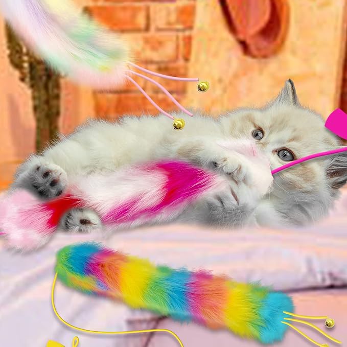 3 Pack Cat Wand Toy, Rainbow Cat Feather Toys with Bells, Teaser Wand with Soft Furry Tail, Interactive Toys for Indoor Cats & Kitten & Kitty-PurrikoPets