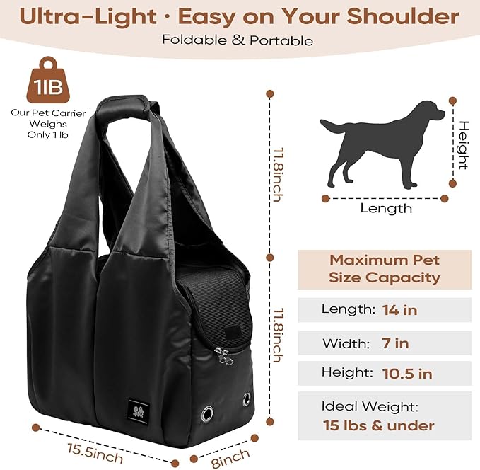 Dog Purse Carrier for Small Dogs, Cats, and Puppies – Soft-Sided Travel Pet Tote Bag with 4 Large Pockets, Foldable, Lightweight, Fits Pets up to 15 lbs, for Travel, Outings (Black)-PurrikoPets