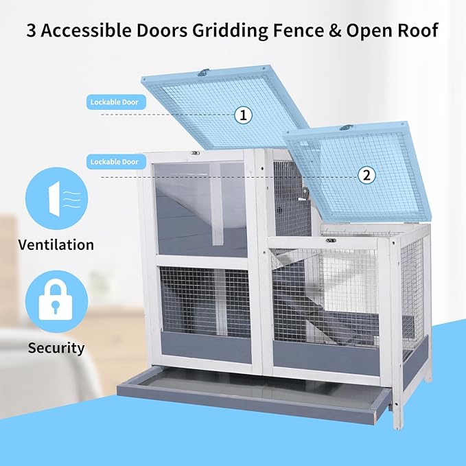 2-Story Guinea Pig Cages Wooden Indoor Rabbit Hutch Hamster Cage with Openable Roofs, Removable Tray and Wide Ramp, Small Animal Habitats for Hamsters, Guinea Pig, Ferrets, Hedgehog-PurrikoPets