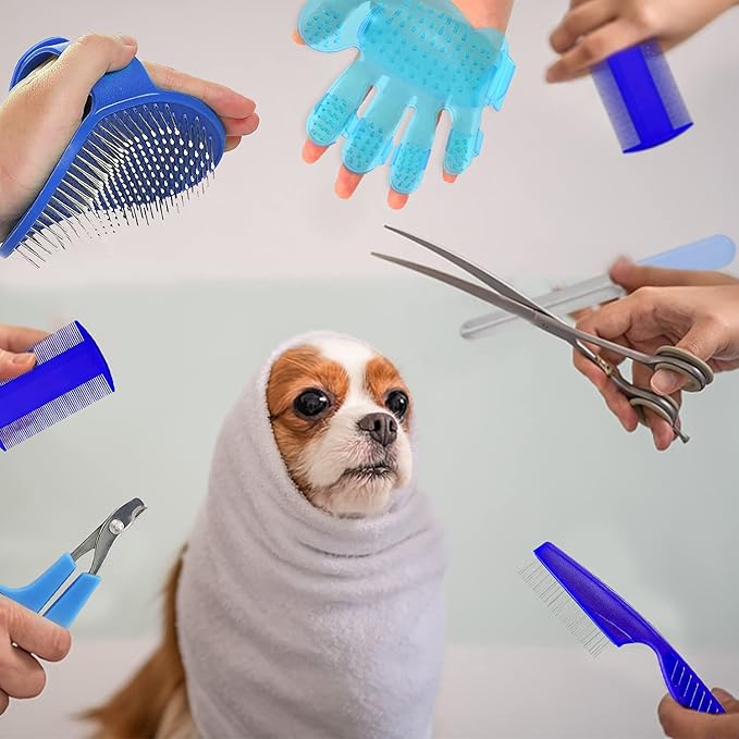 7-Piece Small Pet Grooming Kit with Brush, Nail Clippers, and Adjustable Strap for Rabbits, Hamsters, Guinea Pigs (Blue)-PurrikoPets