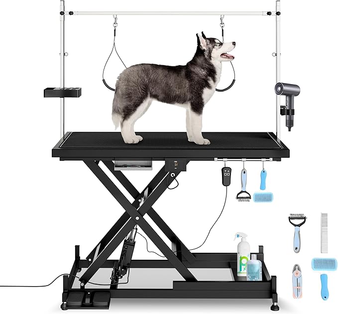 Electric Pet Grooming Table for Large Dogs - Professional Heavy Duty Height Adjustable Pet Grooming Station with Anti Slip Tabletop, Two Nooses & Tool Organizer, Maximum Capacity Up to 250 lbs Black-PurrikoPets