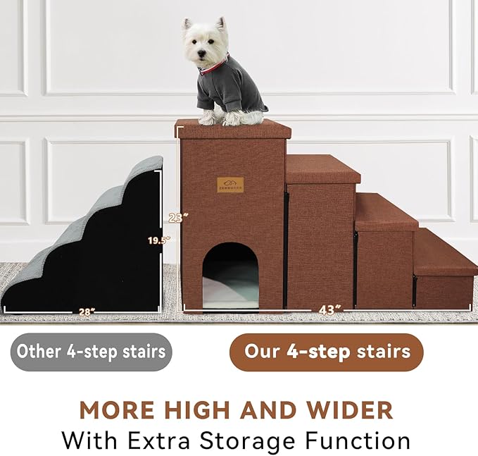Dog Stairs with Condo 23" H, 4-Step Wider Dog Steps for High Beds Window, Folding Storage Pet Stairs Gift for Small/Medium/Large Old Dogs Cats, Ramp for Climbing Car Hold Up to 200 lbs, Brown-PurrikoPets