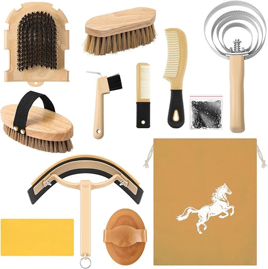 Abbylike 12 Pieces Horse Grooming Kit Racing Festival Tack Room Supplies Horse Brush Sets Equine Care Cleaning Kit Shedding Grooming Massaging Tools(Khaki)-PurrikoPets