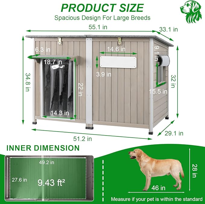 Dog House Outdoor Weatherproof & Wooden Dog Kennel with Chew-Proof Iron Frame，Removable Floor, Adjustable Vent Window, Easy Assembly for Large and Extra-Large Dogs 55.1" D x 33.1" W x 34.8" H-PurrikoPets