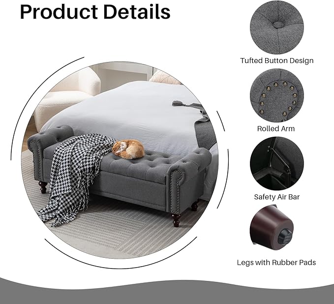 58.1'' Storage Bench Upholstered Linen End of Bedroom Bed Bench Ottoman with Tufted Cushioned Rolled Arm Large Storage Space for Reading Living Room Entryway, Grey-PurrikoPets