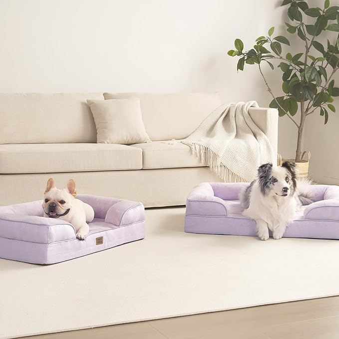 EHEYCIGA Orthopedic Dog Beds for Large Dogs, Waterproof Memory Foam Large Dog Bed with Sides, Non-Slip Bottom and Egg-Crate Foam Pet Couch Bed with Washable Removable Cover, Lilac-PurrikoPets