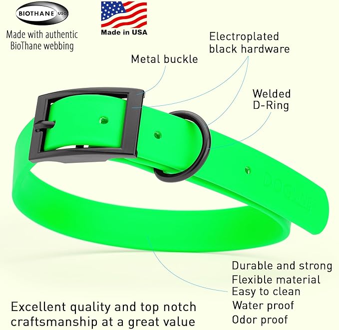 Dogline Biothane Waterproof Dog Collar Strong Coated Nylon Webbing with Black Hardware Odor- Proof for Easy Care Easy to Clean High Performance Fits Small Medium or Large Dogs, Tropical Green-PurrikoPets