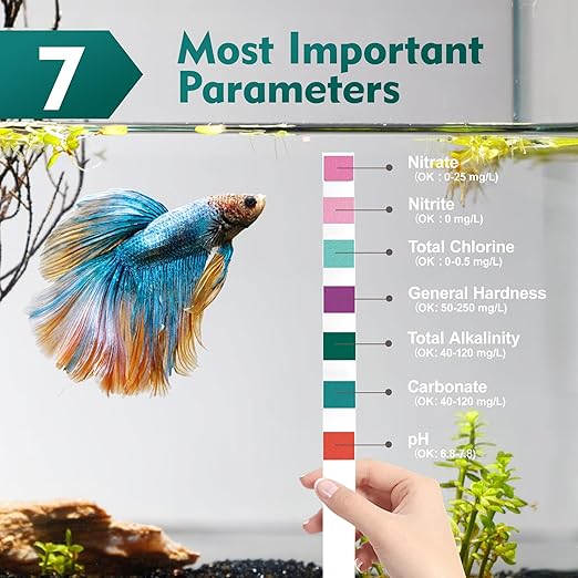 7 Way Aquarium Test Strips, 125 Count Fish Tank Test Strips for Freshwater Saltwater Pond, Water Testing Kit Aquarium for Chlorine, Total Hardness, Carbonate, Alkalinity, Nitrate, Nitrite and pH-PurrikoPets