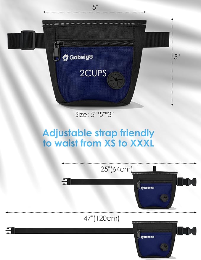 Gobeigo Dog Treat Pouch and Training Clicker, Upgrade Two Magnetic Closure to Prevent Spills, 2 Cup Treat Bag with Poop Bag Dispenser, Metal Clip Waist Belt Fanny Pack for Pet Walk (Black/Blue)-PurrikoPets