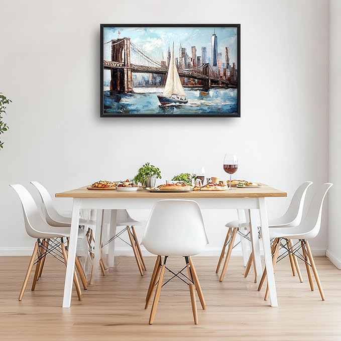 Extra Large Sailboat Framed Wall Art for Living Room,Oversized New York Brooklyn Bridge Pictures Wall Decor,Cityscape Canvas Print Painting Modern Artwork Bedroom Office Bathroom 36L" x 24W"-PurrikoPets
