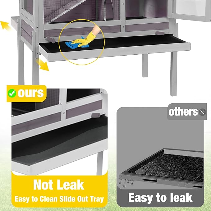 Aivituvin 2-Story Rabbit Hutch with Anti-Chew Ramp & Zinc Sheet - 36.6" Indoor Guinea Pig Cage, Wooden Stand, Pull-Out Tray & Leakproof Floor (Grey)-PurrikoPets