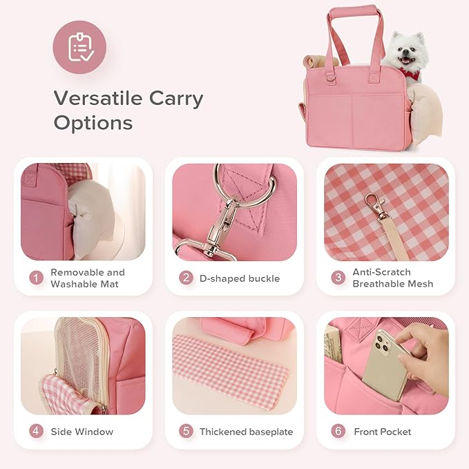 Dog Purse Carrier for Small Dogs, Soft Soft Sided Folding Dog Carriers for Small Dogs Medium Cats Puppies up to 15 Lbs, Washable Breathable Puppy Carrier for Outdoor Travel (Large Pink)-PurrikoPets