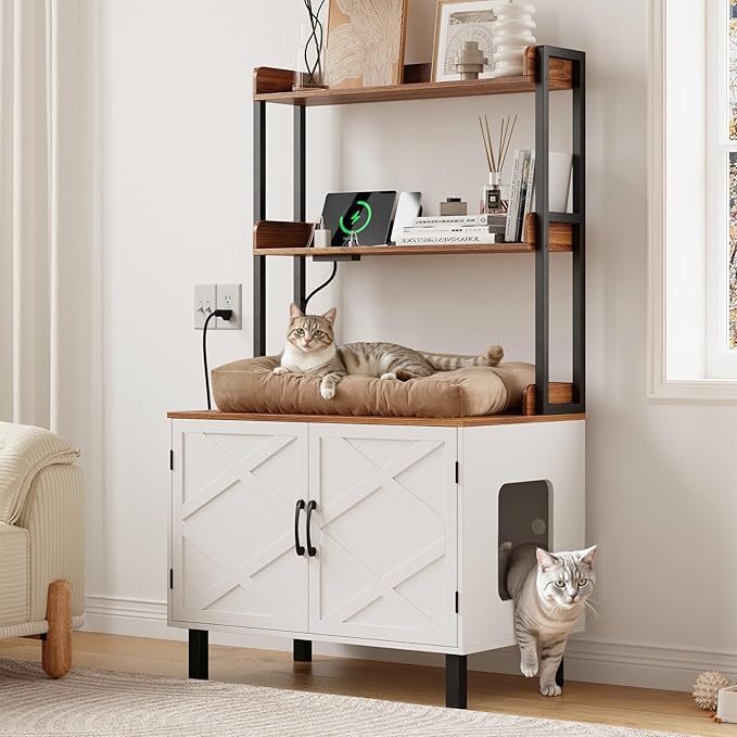 55 Inches Cat Litter Box Enclosure, Hidden Litter Box Furniture with 2 Storage Shelves and Charging Sockets, Wooden Cat House, Large Indoor Cabinet for Living Room & Entryway, White-PurrikoPets