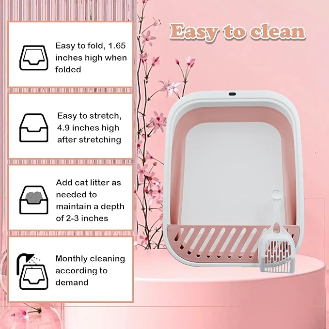 Foldable Cat Litter Box Open Potty Pan Portable Collapsible Cats Litter Boxs Travel Kitten Pan with Scoop Waterproof Low Entrance for Kitten and Easy Clean 17.7"×13.4"x4.9"(Pink)-PurrikoPets