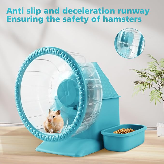 4 in 1 Silent Large Hamster Wheel Multifunctional Hamster Running Wheel Quite Running Spinner Wheel Accessories with Food Bowl Water Bottle for Hamsters Dwarf Gerbil (Blue)-PurrikoPets