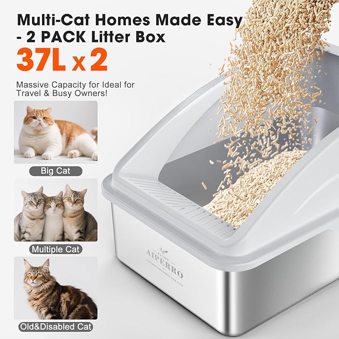 2 Pack Stainless Steel Litter Box | XL Enclosed Cat Litter Boxes with Lid for Big Cats and Multi-Cats | High Sided, Anti-Urine Leakage | Non-Stick Bottom（Silver Gray）-PurrikoPets