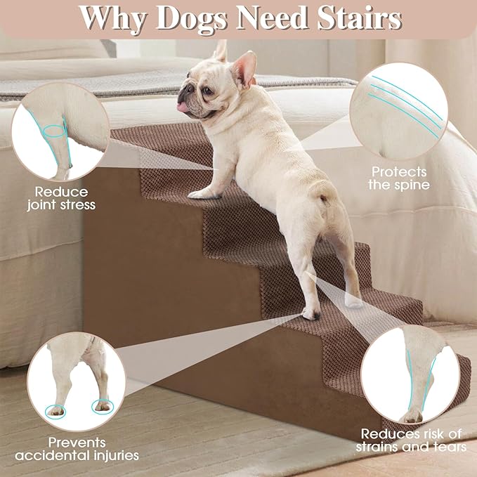 GGIB Dog Stairs for Small Dogs Cats Non-Slip Dog Steps for High Bed Pet Stairs for Sofa Couch Pet Ramp Pet Steps with Removable Washable Cover, Brown, 22" H, 5-Step-PurrikoPets