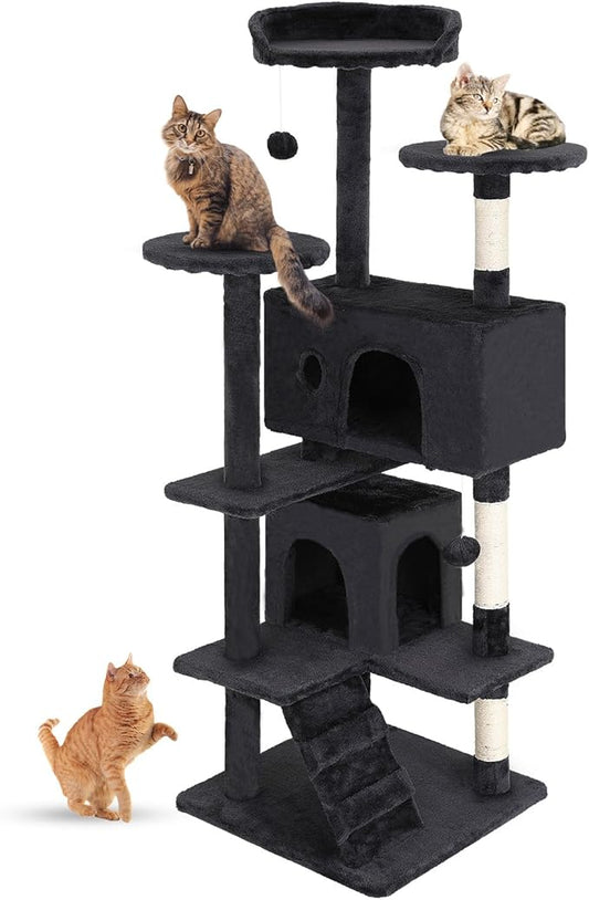 FDW Cat Tree 54in Cat Tower Multi-Level Durable Cat Scratching Post & Cozy Fun Cat Jumping Platform Space Saving Cat Condo Pet Play House for Indoor Cats,Dark Gray-PurrikoPets