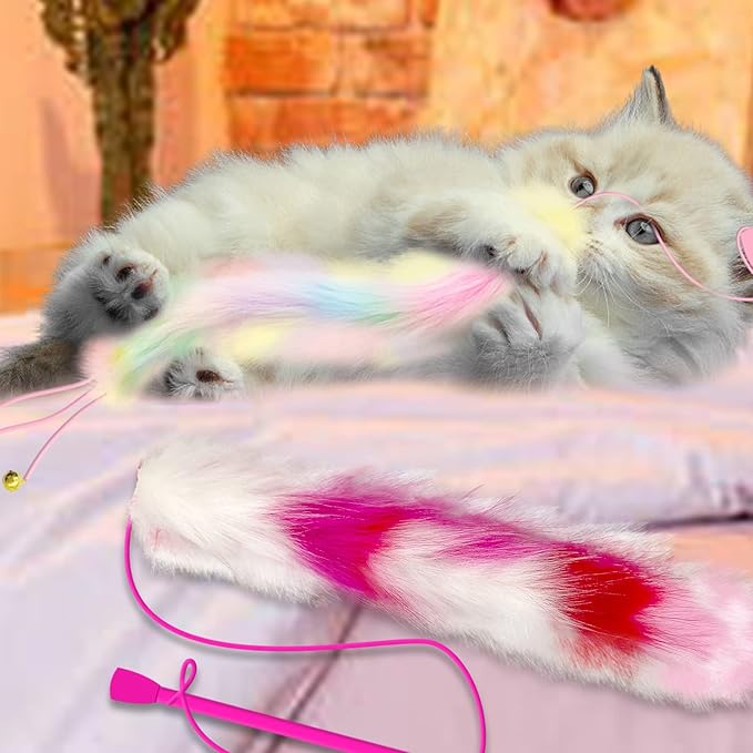 2 Pack Cat Wand Toy, Rainbow Cat Feather Toys with Bells, Teaser Wand with Soft Furry Tail, Interactive Toys for Indoor Cats & Kitten & Kitty-PurrikoPets