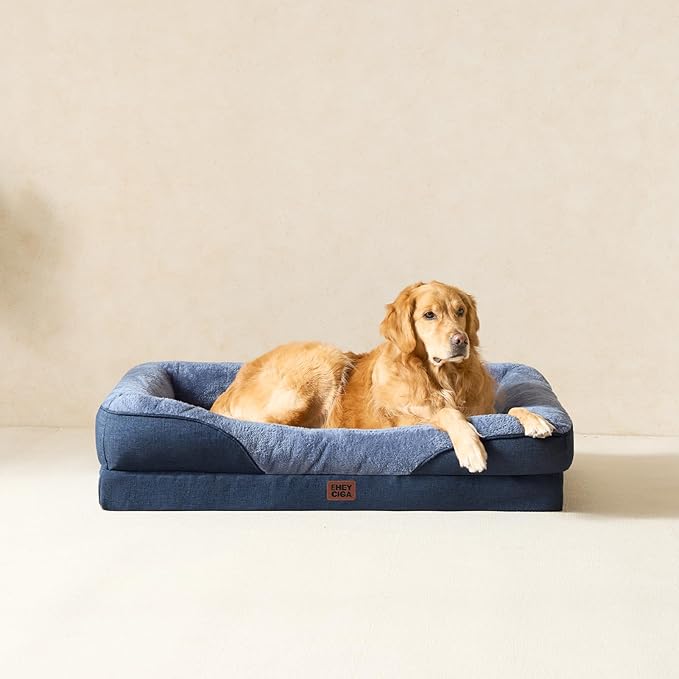 EHEYCIGA Memory Foam Dog Bed for Large Sized, Orthopedic Dog Sofa with Sides and Waterproof Liner, Washable Bolster Pet Couch with Removable Cover, 41x27x7.5 Inch, Navy-PurrikoPets