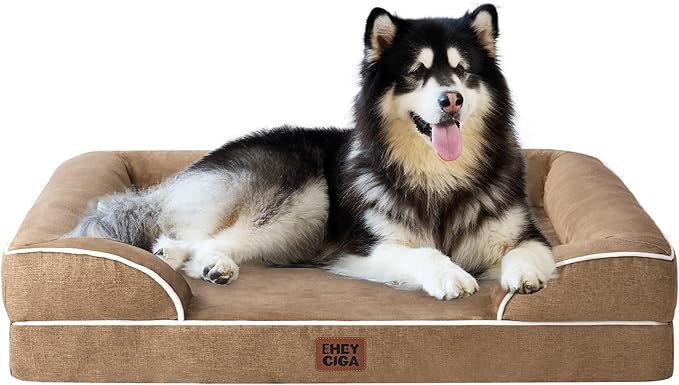 EHEYCIGA Orthopedic XL Dog Beds, Waterproof Memory Foam Dog Bed for Extra Large Dogs, Non-Slip Bottom and Egg-Crate Foam Big Pet Couch Bed with Washable Removable Cover, Camel-PurrikoPets