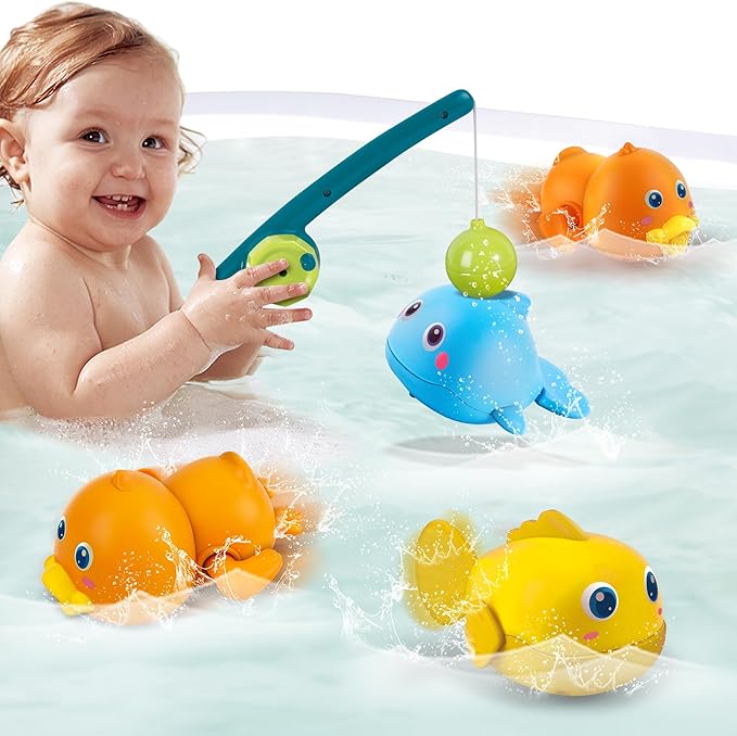 Dwi Dowellin Bath Toys for Toddlers, Magnetic Fishing Games Kids Bathtub Toys, Mold Free Wind-up Toys Swimming Fish Duck Whale Floating Water Toys for Kids Baby Infant-PurrikoPets