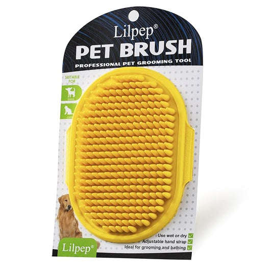 Dog Grooming Brush, Lilpep Pet Shampoo Bath Brush Soothing Massage Rubber Comb with Adjustable Ring Handle for Long Short Haired Dogs and Cats (Yellow, pack of 1)-PurrikoPets