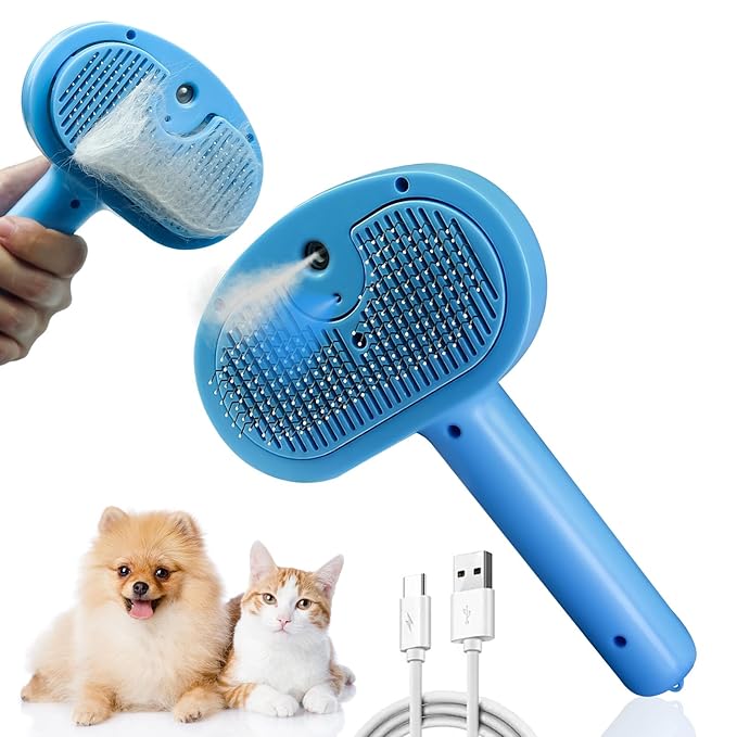 5-in-1 Pet Steam Brush for Cats & Dogs – Grooming, Shedding, Massage & One-Touch Clean for Short & Long Hair Pets – Electric Cat Brush with Comb & Steam (Blue)-PurrikoPets