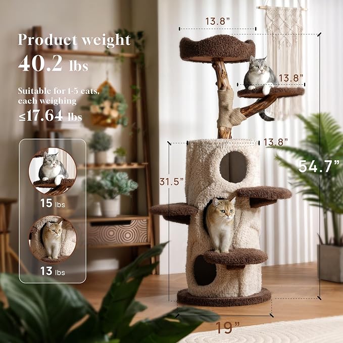 54.7'' Tall Modern Wood Cat Tree with 3 Level House, Luxury Cat Tower for Home Decoration, Large Cat Condo for Multi-Cat Families-PurrikoPets