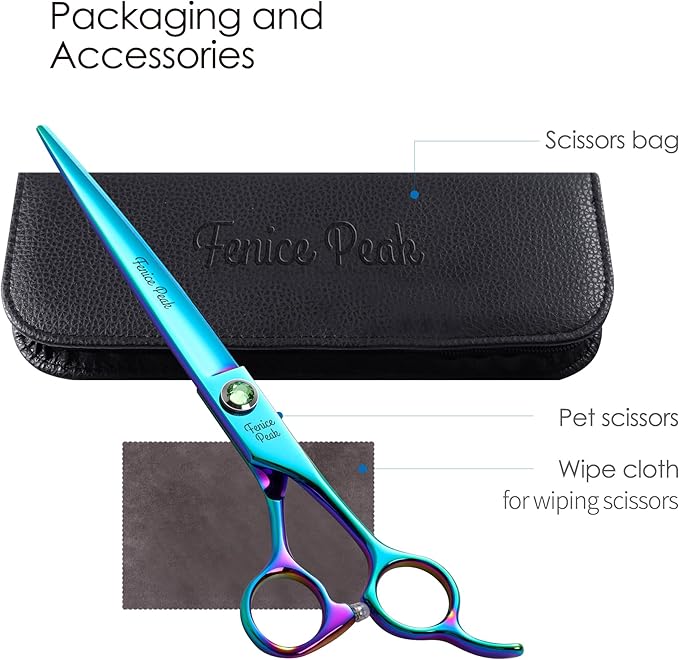 Fenice Peak 7.5'' Green Straight Dog Grooming Scissors Pet Shears with Ergonomic Offest Handle and Simulated Emerald Screw 440C Grooming Scissors Trimming Shears Durable and Sharp-PurrikoPets