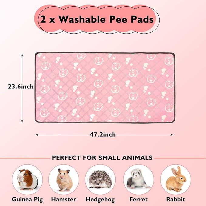 2 Pack Guinea Pig Bedding - Washable Guinea Pig Liner for Midwest Cage, Waterproof Reusable & Anti Slip Pee Pads Super Absorbent Mats for Small Animals Rabbit Hamster Rat (Pink, 48 x 24 Inch)-PurrikoPets