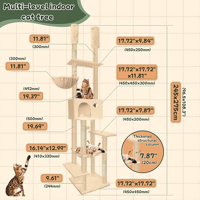 96.5"-108" Cat Tree Floor to Ceiling 7-Tier Cat Tower Adjustable Height with Scratching Posts, Cozy Hammock, Cat Condo for Indoor Cats(Beige)-PurrikoPets