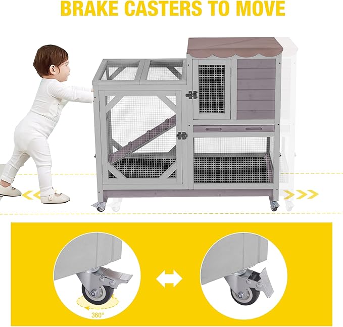 AIVITUVIN 2-Story Rabbit Hutch Indoor for 2-4 Rabbits & Guinea Pigs Wooden Small Animal Cage Guinea with Chew-Proof Design & Slide-Out Trays Bunny Cage with Lockable Wheels-PurrikoPets