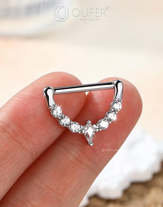 OUFER 2PCS 14G Nipple Piercing Jewelry, 316l Surgical Steel Nipple Rings for Women Men, Clear CZ Hinged Segment Clicker Rings Hoops- Silver