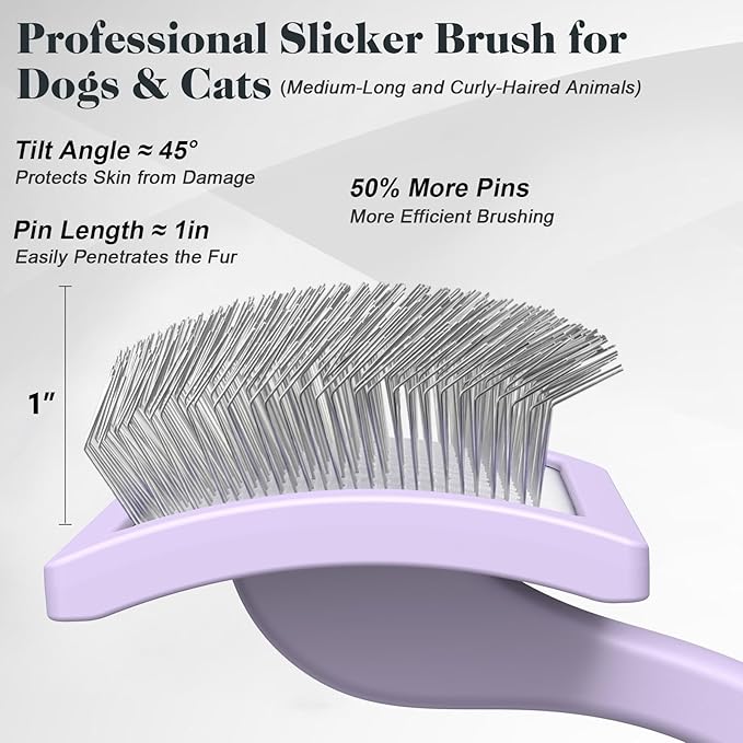 2PCS Slicker Brush for Dogs & Pet Comb,Professional Dog Grooming Brush (Goldendoodles,Poodles,Labradoodles) with Extra Long Pins to Effectively Remove Tangles, Knots and Mats (Light Purple)-PurrikoPets