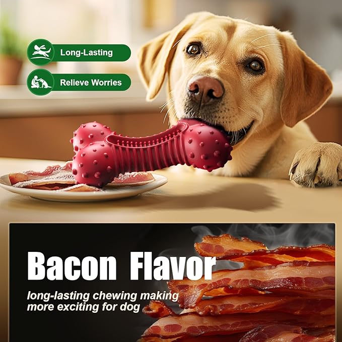 Dog Toys for Aggressive Chewers, Dog Chew Toys for Medium Large Dogs, Durable Natural Rubber Dog Toys with Bacon Flavor, Indestructible Dog Toy, Red-PurrikoPets