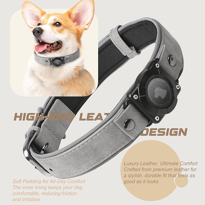 AirTag Dog Collar - Leather Dog Collar with Air Tag Holder | IPX8 Waterproof, Reflective, High - End, Adjustable Soft Padded | Dog GPS Tracker Collars Fit for Medium Large Dogs (Grey, L)-PurrikoPets