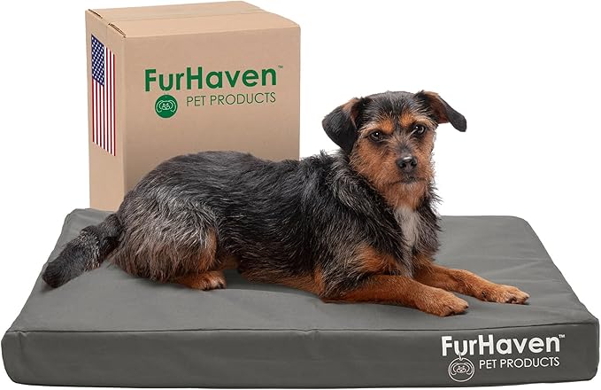 Furhaven Water-Resistant Cooling Gel Dog Bed for Medium/Small Dogs w/ Removable Washable Cover, For Dogs Up to 35 lbs - Indoor/Outdoor Logo Print Oxford Polycanvas Mattress - Stone Gray, Medium-PurrikoPets