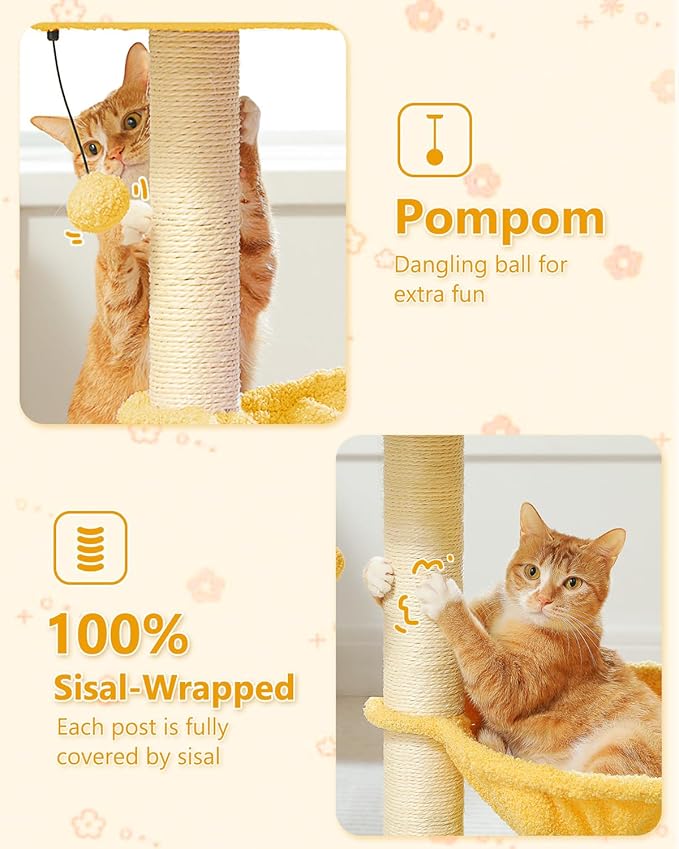 28" Flower Cat Tree Cute with Flower Top Perch, Large Hammock for Indoor Small Cats, Small Cat Tower with Cute Scratching Post and Fur Toy Ball for Kittens, Yellow-PurrikoPets