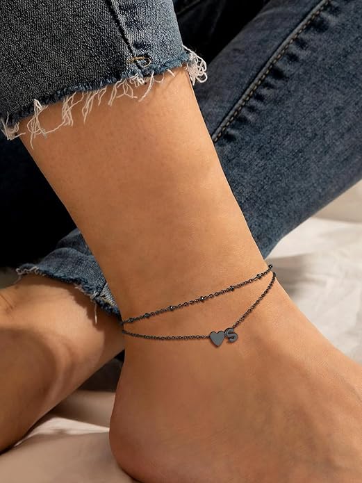 Suplight Stainless Steel Initial Ankle Bracelets for Women Layered Dainty Heart Anklet Beaded Anklets for Women Waterproof Plus Size Ankle Foot Chain Summer Essentials Jewelry(with Gift Box)