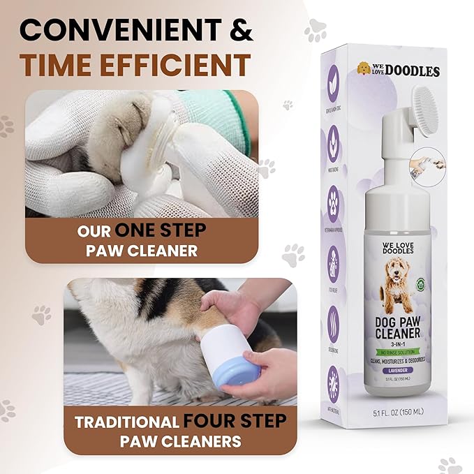 Dog Paw Cleaner (Over 100+ Feet Cleanings) No-Rinse Dog Foot Washer, Gentle and Safe Paw Cleaner for Dogs and Cats, Foam Formula, Moisturizes and Deodorizes, 150mL (Lavender) [We Love Doodles]-PurrikoPets