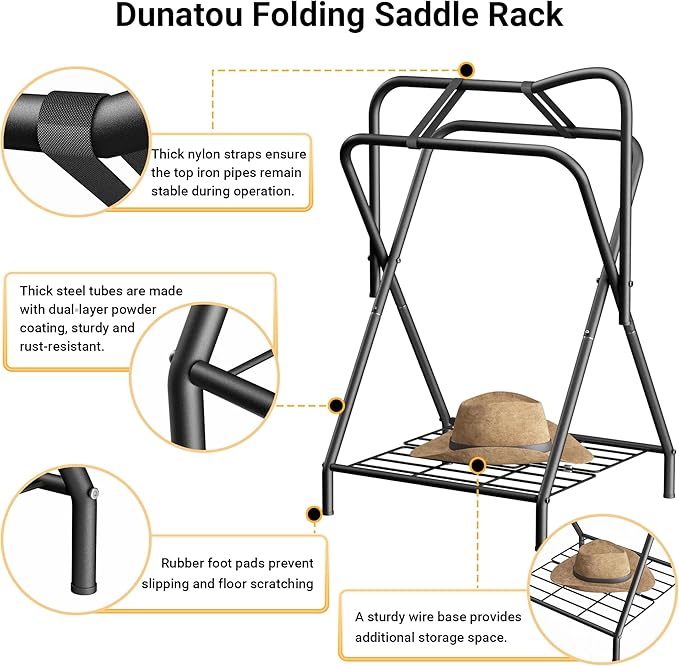 Dunatou Saddle Rack Freestanding Saddle Stand Foldable Horse Saddle Storage Rack Full Size Saddle Pad Rack Horse Blanket Holder Heavy Duty Saddle Holder for English and Western Horse Saddles, Black-PurrikoPets