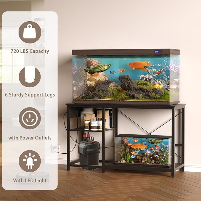 50-75 Gallon Fish Tank Stand with Power Outlet & LED Light, Metal Aquarium Stand with 3 Tier Adjustable Storage Shelves, Tank Stand for Reptile Tank, Turtle Tank, 52" L*19.5" W, Black-PurrikoPets