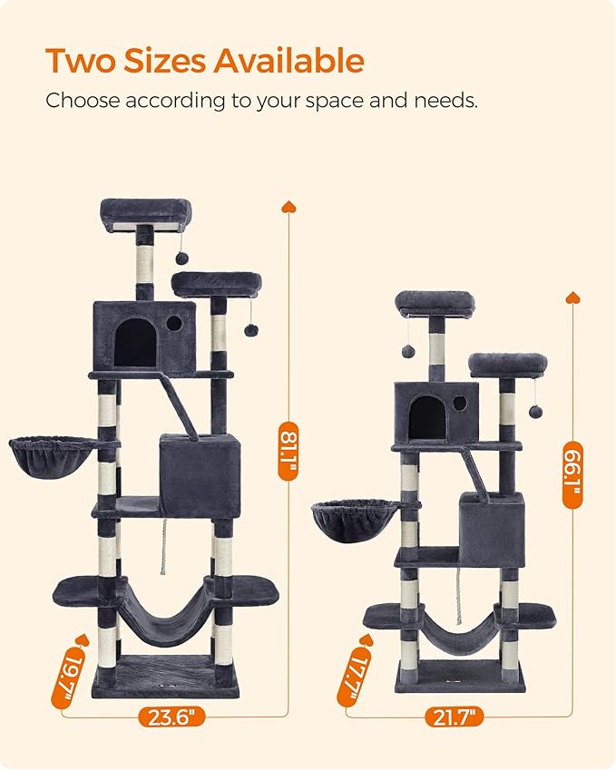 Feandrea Cat Tree, 81.1-Inch Large Cat Tower with 13 Scratching Posts, 2 Perches, 2 Caves, Basket, Hammock, Pompoms, Multi-Level Plush Cat Condo for Indoor Cats, Smoky Gray UPCT190G01-PurrikoPets