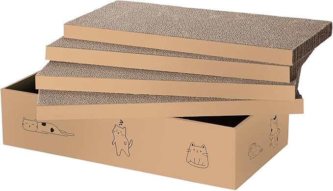 4 Packs in 1 Cat Scratch Pad with Box, Cat Scratcher Cardboard,Reversible,Durable Recyclable Cardboard, Suitable for Cats to Rest, Grind Claws and Play with Scratch Box-PurrikoPets
