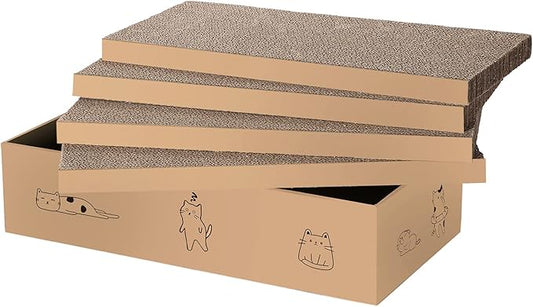 4 Packs in 1 Cat Scratch Pad with Box, Cat Scratcher Cardboard,Reversible,Durable Recyclable Cardboard, Suitable for Cats to Rest, Grind Claws and Play with Scratch Box-PurrikoPets