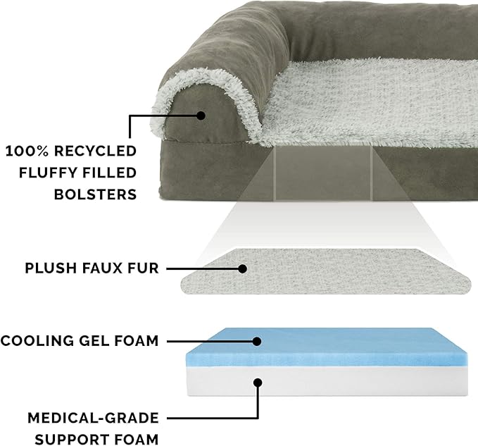 Furhaven Cooling Gel Dog Bed for Large/Medium Dogs w/ Removable Bolsters & Washable Cover, For Dogs Up to 55 lbs - Two-Tone Plush Faux Fur & Suede L Shaped Chaise - Dark Sage, Large-PurrikoPets