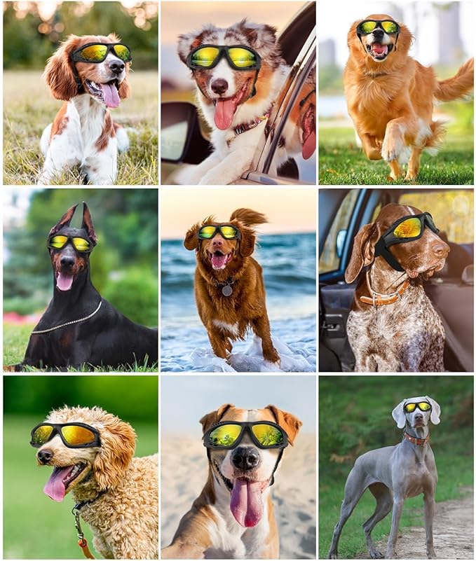 Dog Goggles Large Breed, UV Protection Dog Sunglasses with Sponge Pad and Adjustable Strap, Windproof Dustproof Anti-Fog Eye Protection Glasses for Outdoor Driving Riding, Black-PurrikoPets